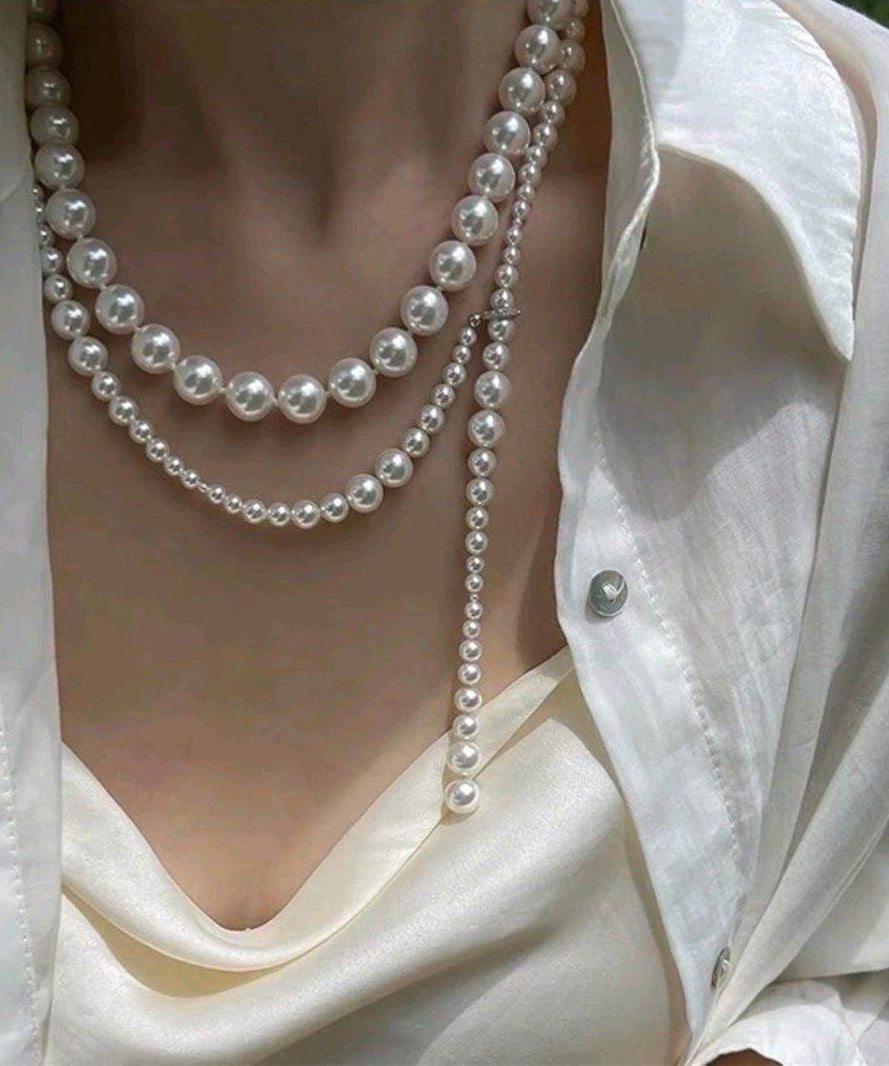 White Alloy Pearl Beading Sweater Gratuated Bead Necklace