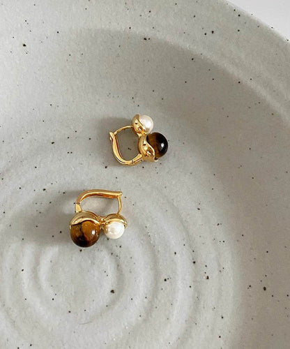 Gold Copper Alloy Cat Eye Stone Pearl Hoop Earrings