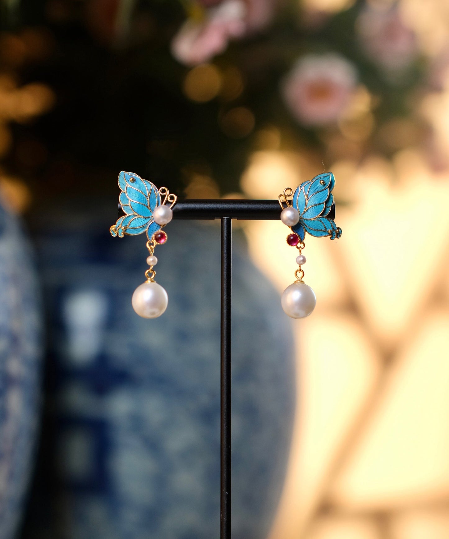 Blue Sterling Silver Overgild Pearl Butterfly Drop Earrings