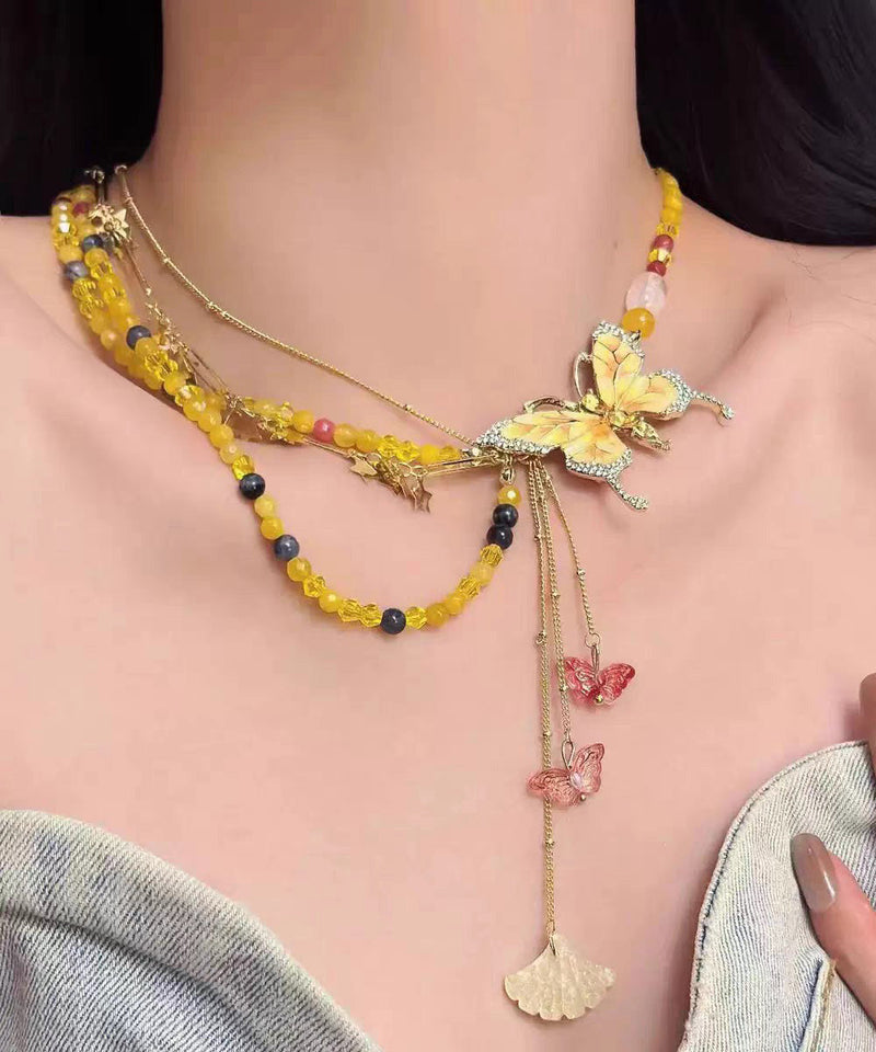 Yellow Alloy Zircon Beading Butterfly Star Pendant Necklace