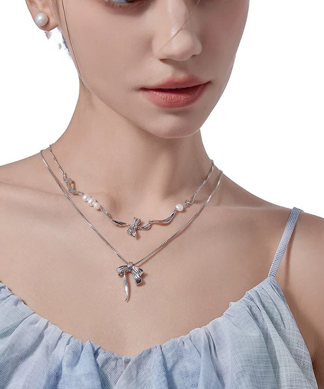 Silk Alloy Pearl Bow Pendant Necklace Two-piece Set
