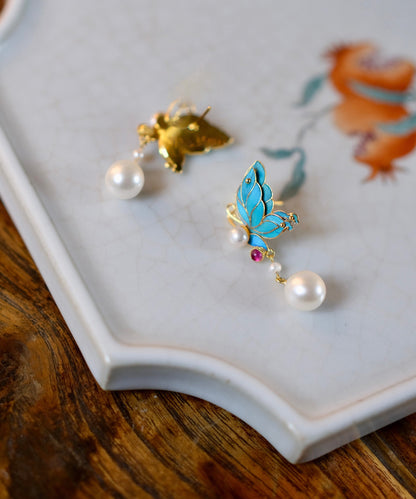 Blue Sterling Silver Overgild Pearl Butterfly Drop Earrings