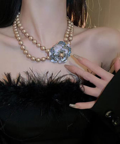 Retro Gold Copper Alloy Zircon Double Layer Pearl Princess Necklace