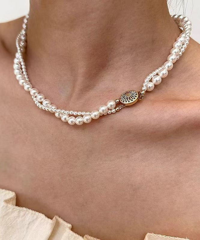 White Alloy Double-layer Pearl Winding Gratuated Bead Necklace