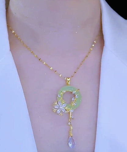 Light Green Stainless Steel Inlaid Crystal Jade Pendant Necklace