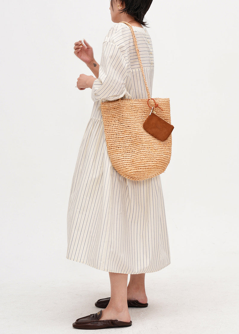 Beige Oversized Striped Cotton Maxi Dresses Bracelet Sleeve
