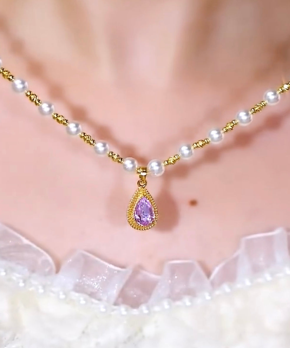 Purple Sterling Silver Overgild Pearl Water Drop Pendant Necklace