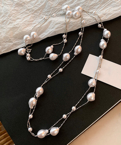 Fine White Asymmetry Pearl Copper Long Sweater Necklace