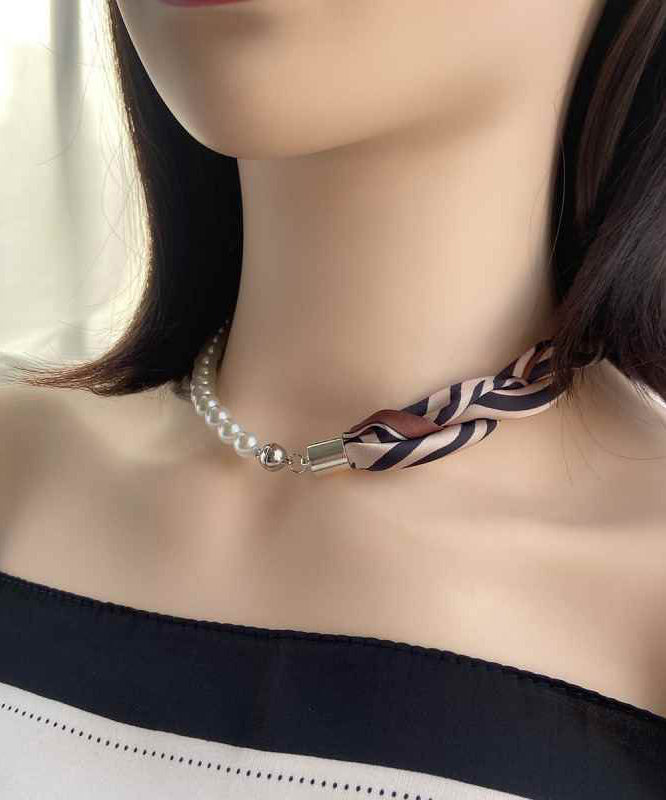 Modern Coffee Print Stainless Steel Scarf Patchwork Pearl Necklace