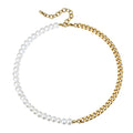 Half 8mm White Pearl and Half 7mm Cuban Link Chain Choker Necklace