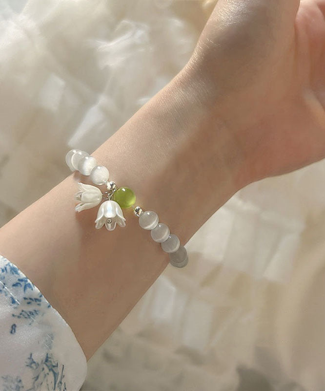 Diy White Cat's Eye Stone Lily of the Valley Beading Charm Bracelet