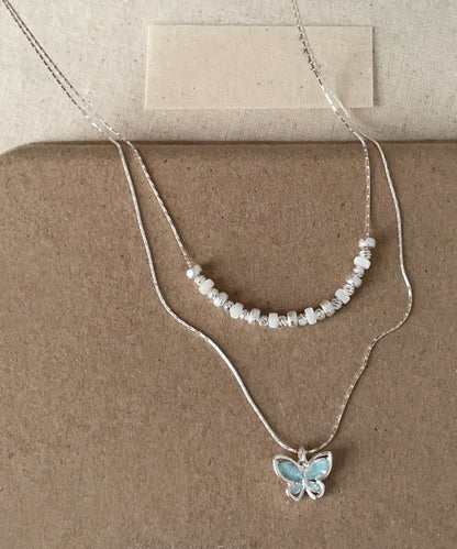Boutique Blue Copper Crystal Butterfly Double-layer Pendant Necklace