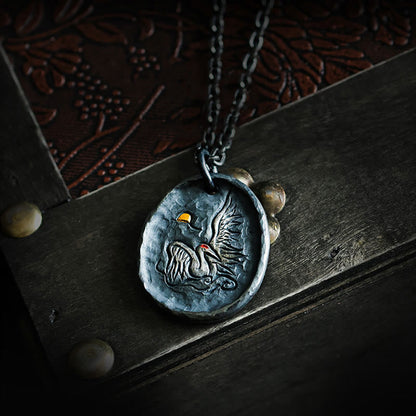 999 Sterling Silver 24k Gold Crane Auspicious Clouds Pendant