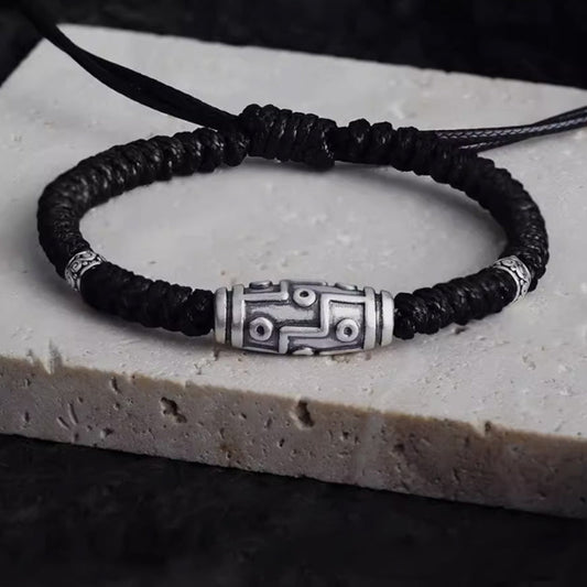 999 Sterling Silver Nine-eye Dzi Bead Spiritual Protection Bracelet