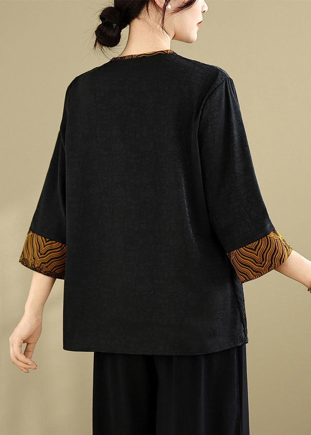 Black Oversized Patchwork Silk Blouses Bracelet Sleeve