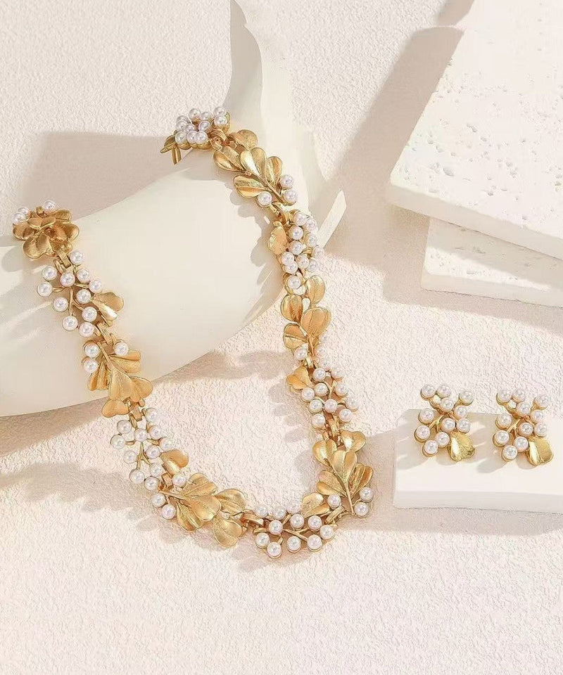 Handmade Pearl Metal Ginkgo Leaf Hollow Necklace Earring Set