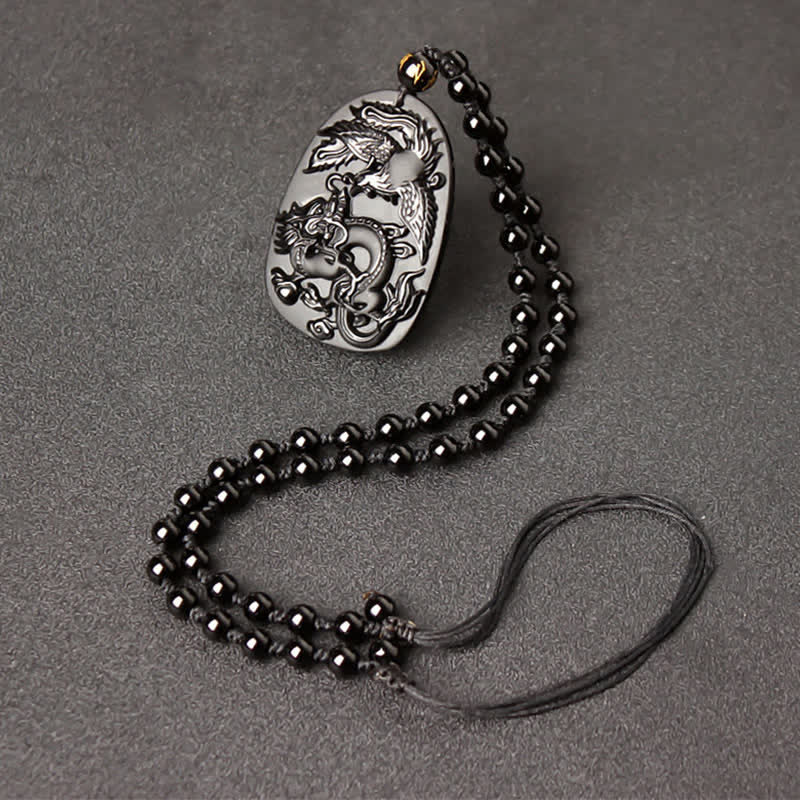 Buddha Stones Black Obsidian Tiger Eye Dragon Phoenix Protection Beaded Necklace Pendant