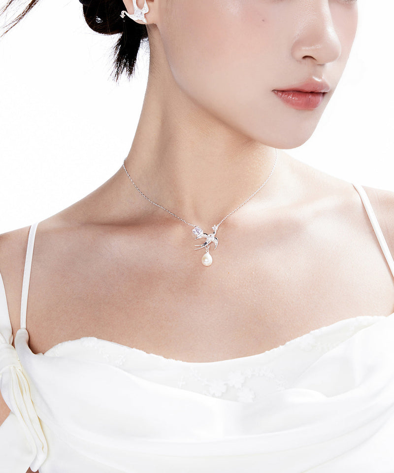 Water Zircon Droplet Pearl Little Bird Silver Choker