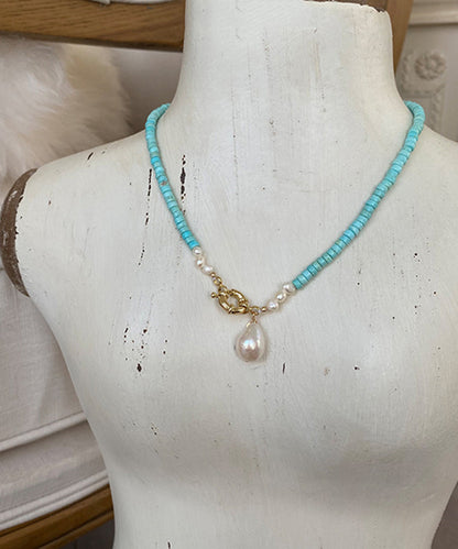 Green Copper Turquoise Pearl Pendant Necklace