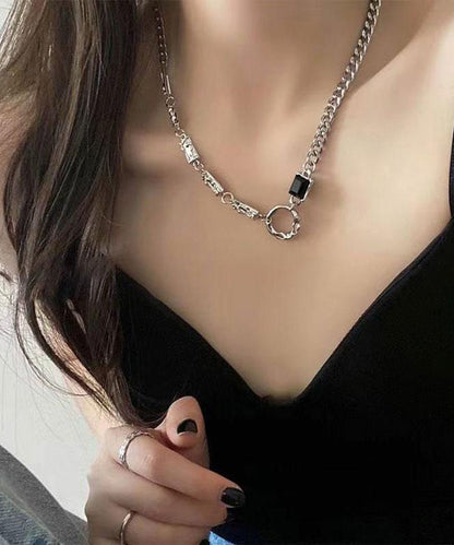 Unique Silk Sterling Silver Obsidian Asymmetrical Patchwork Lariat Necklace