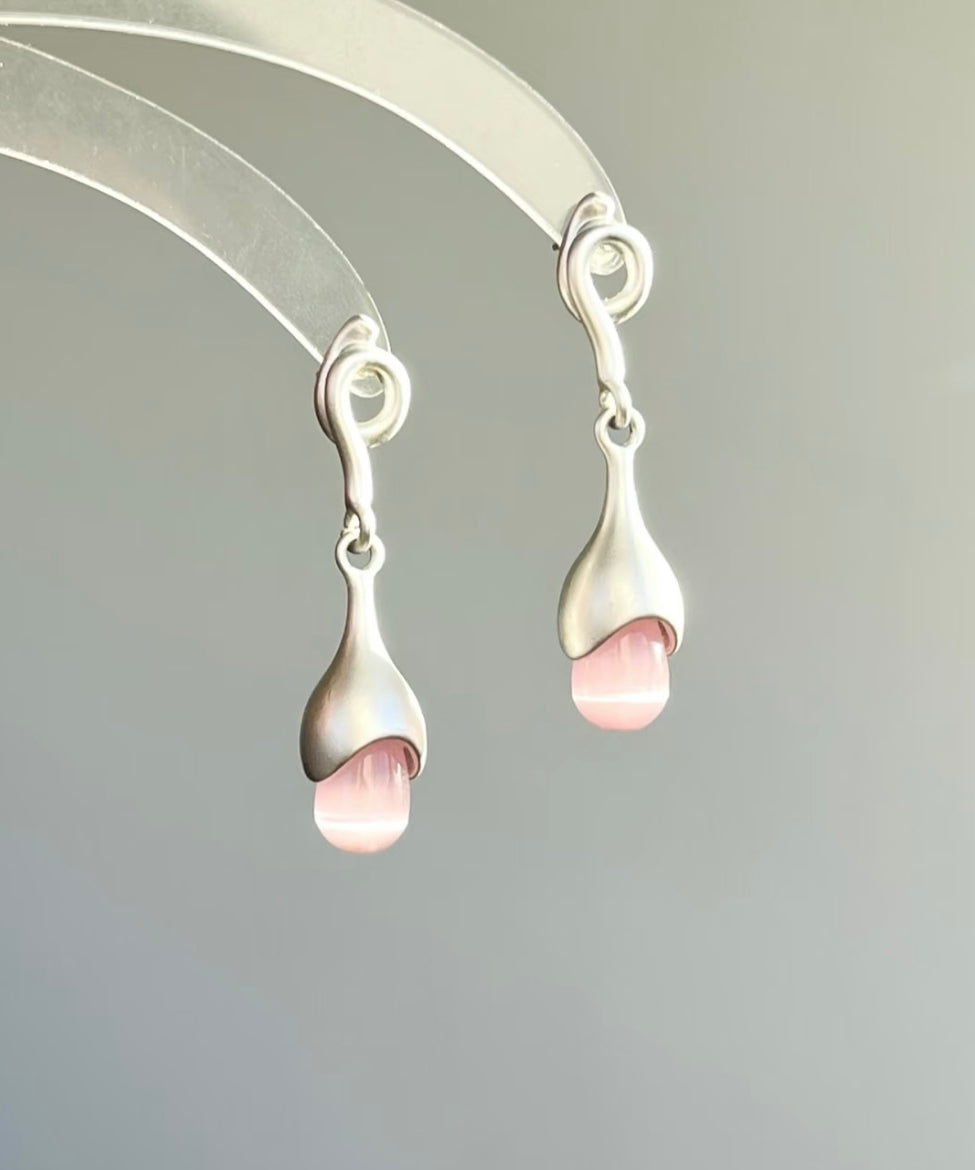 Pink Sterling Silver Cat Eye Stone Tassel Drop Earrings