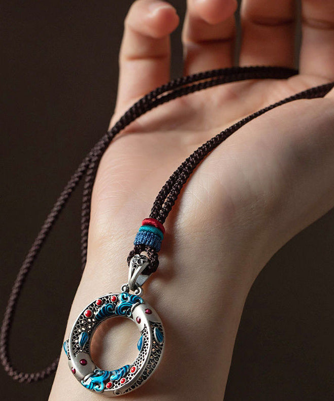 Blue Sterling Silver Cloisonne Lucky Charm Pendant Necklace