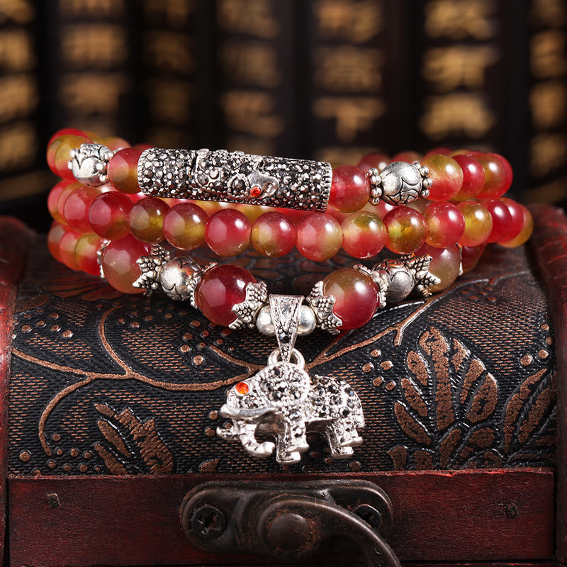 Buddha Stones Natural Watermelon Tourmaline Pixiu Elephant Positive Triple Wrap Bracelet