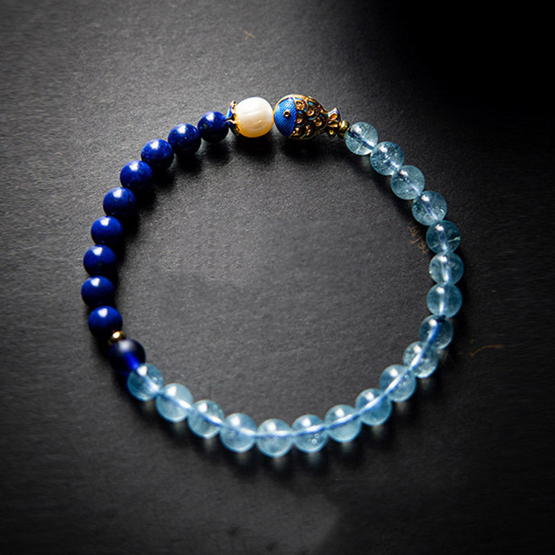 Buddha Stones Natural Aquamarine Lazurite Lapis Lazuli Fish Healing Bracelet