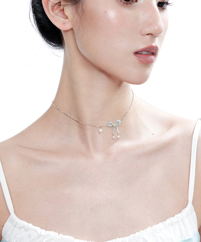 Blue Crystal Bow Pearl Silver Choker