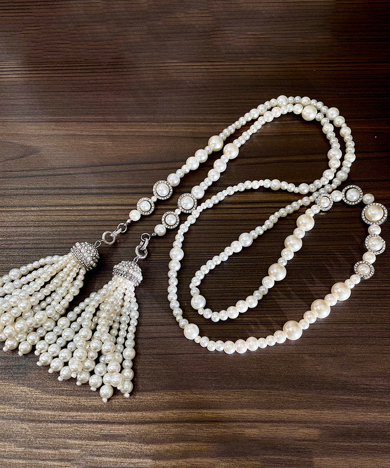 White Sterling Silver Zircon Double Layer Pearl Tassel Gratuated Bead Necklace