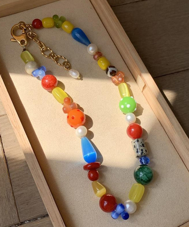 Rainbow Sterling Silver Overgild Asymmetric Gem Stone Gratuated Bead Necklace
