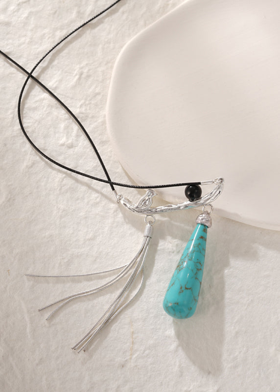 Silk Copper Turquoise Black Agate Magpie Pendant Necklace