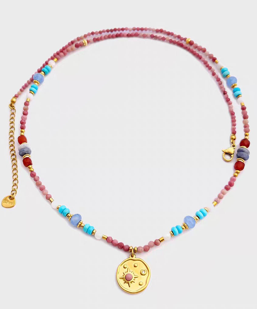 Red Stainless Steel Turquoise Rhodochrosite Pendant Necklace