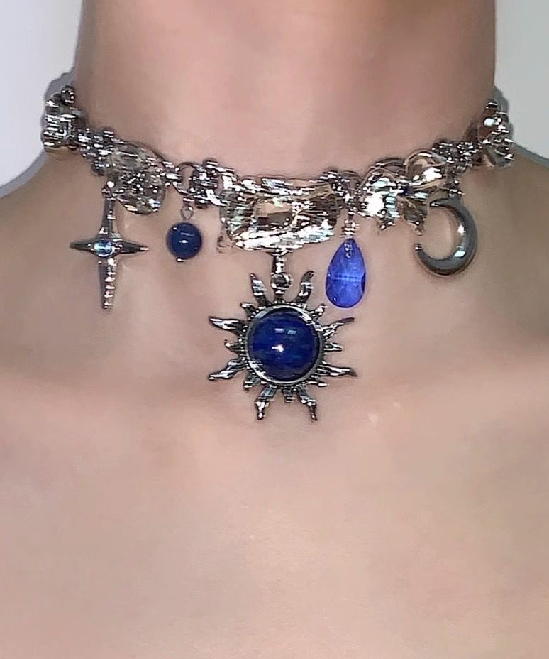 Blue Sun Zircon Moon Alloy Pendant Choker
