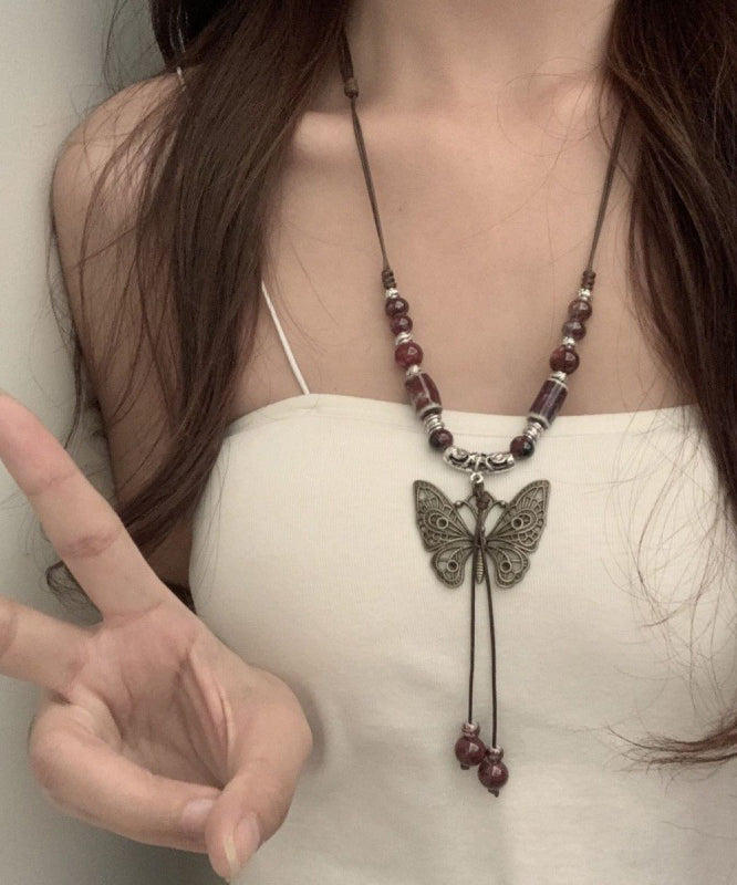 Red Alloy Gem Stone Butterfly Hollow Out Pendant Necklace