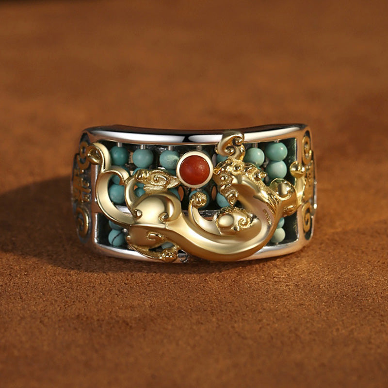 Buddha Stones 925 Sterling Silver Turquoise Red Agate Pixiu Abacus Protection Ring