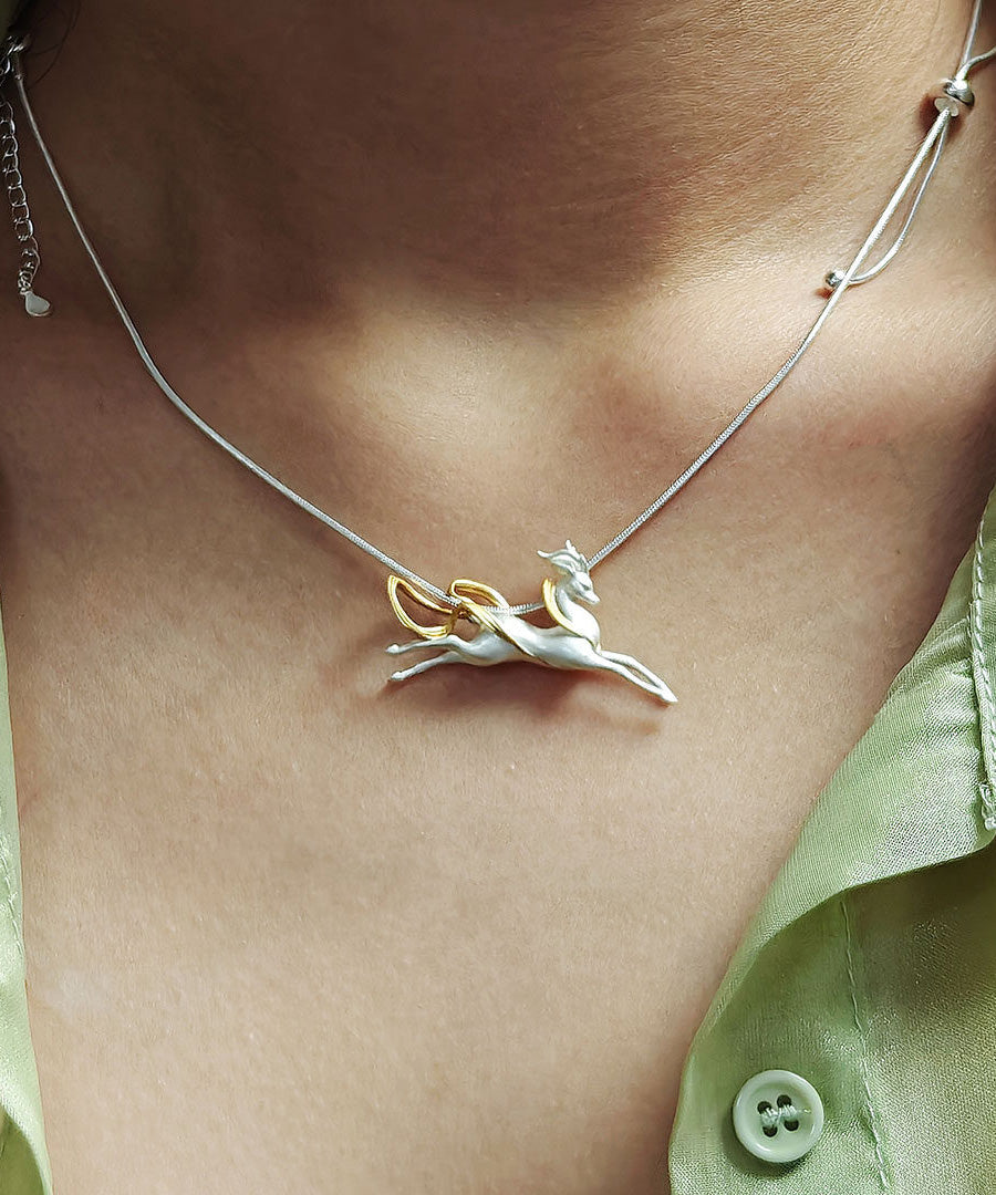 Handmade Silver Dunhuang Immortal Deer Pendant Necklace