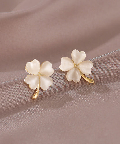 New Gold Copper Alloy Clover Cat's Eye Stone Stud Earrings