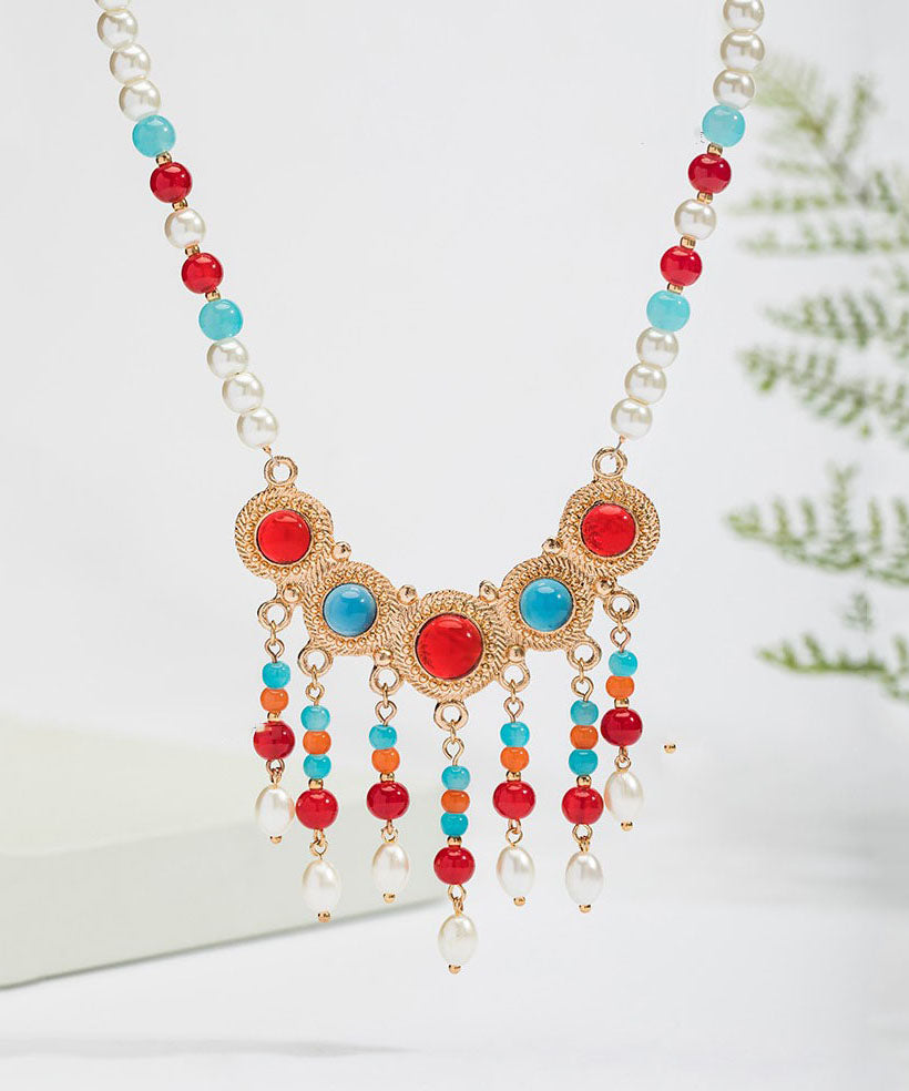 Rainbow Copper Alloy Glass Pearl Resin Coloured Glaze Pendant Necklace