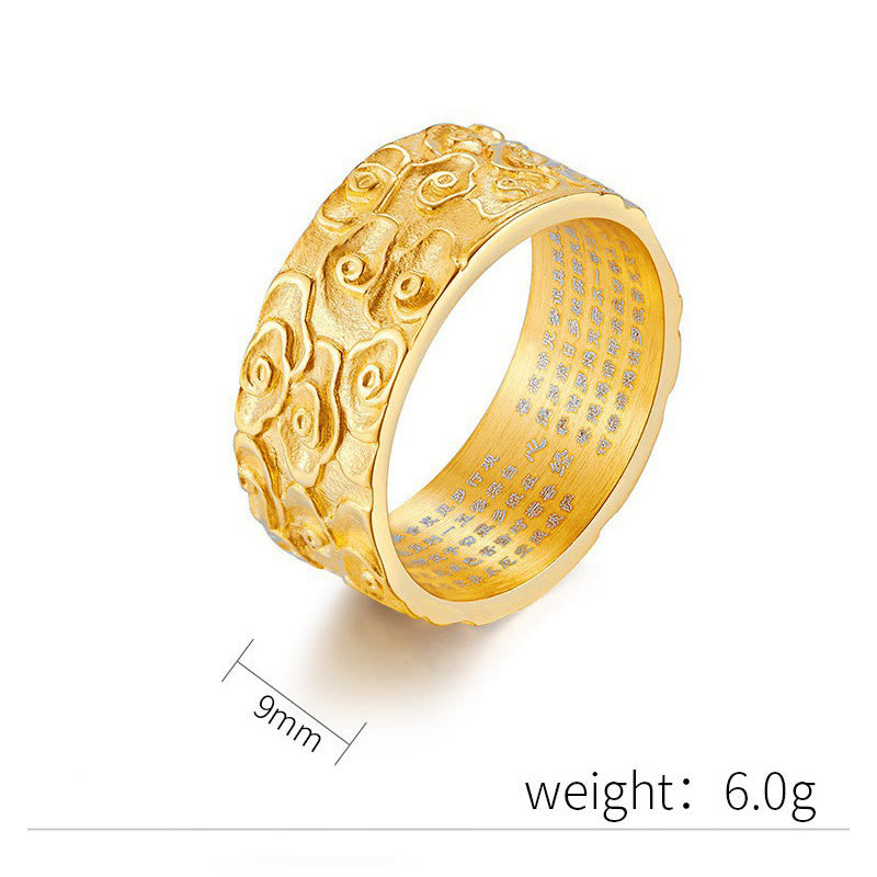 9mm Titanium Steel Spiritual Ring With Heart Sutra & Auspicious Clouds