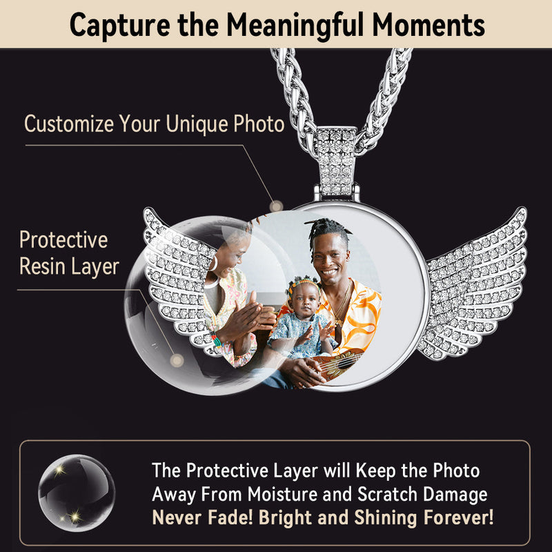 Customized Picture Circle Chain Necklace With Angel Wing Memorial Gift for