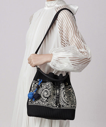Art Black Jacquard Drawstring Cotton Pouch Handbag
