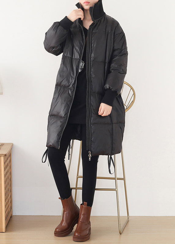 Art Black Stand Collar Drawstring Zippered Cotton Blend Long Down Coats Winter