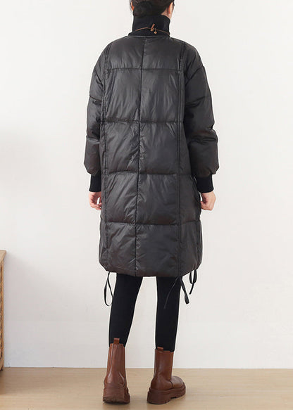 Art Black Stand Collar Drawstring Zippered Cotton Blend Long Down Coats Winter