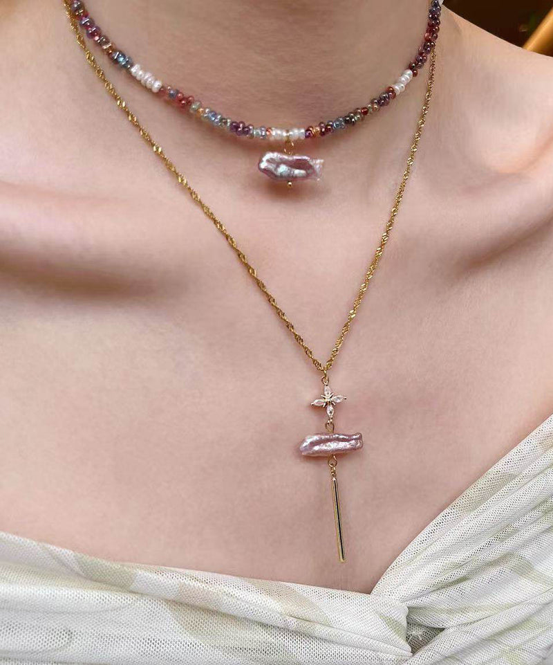 Art Colorful Pearl Stringing Beads Layering Alloy Pendant Necklace Two Piece Set