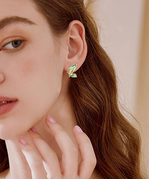 Art Green Butterfly Silver Crystal Zircon Stud Earrings Tw1054
