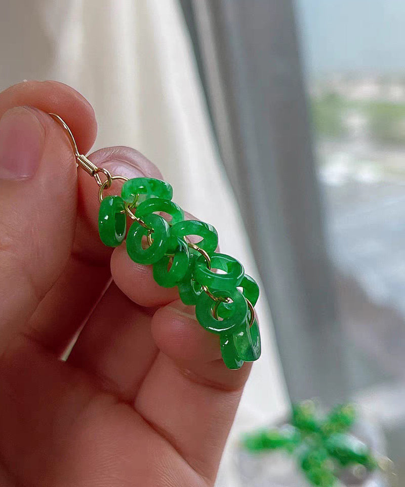 Art Green Sterling Silver Overgild Jade Tassel Drop Earrings Gh1061