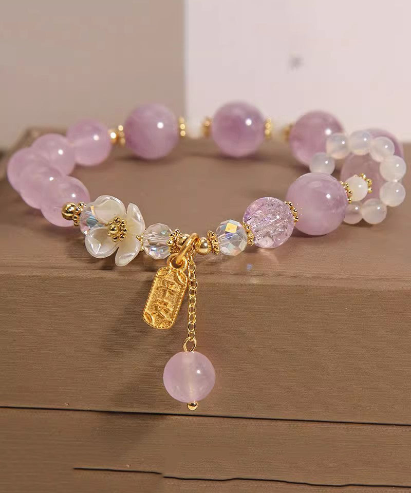 Art Light Purple Crystal Chalcedony Tassel Charm Bracelet