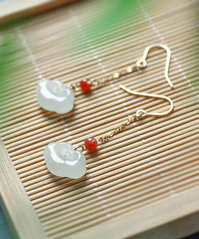 White 18k Gold Jade Ruyi Agate Drop Earrings
