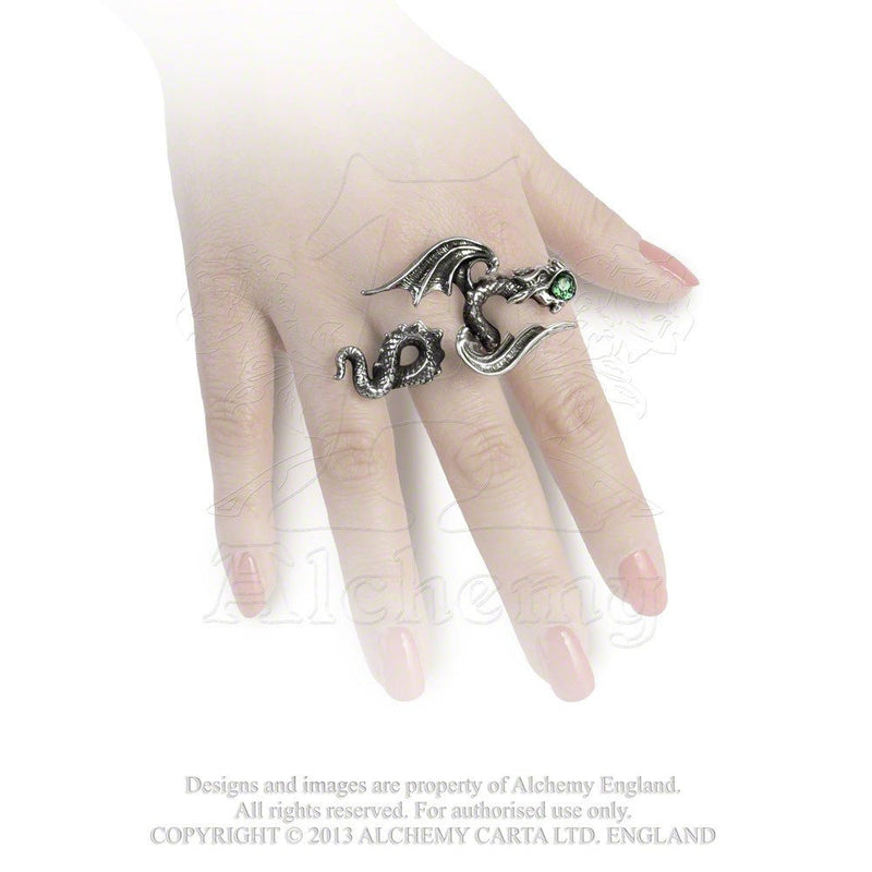 Starchaser Two Finger Green Crystal Dragon Ring by Alchemy Gothic - Size 6/7